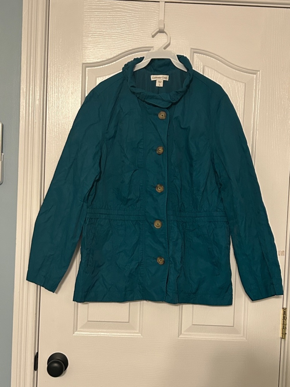 Coldwater Creek Teal Funnel‑Neck Button‑Front Jacket – Women’s Large, Excellent